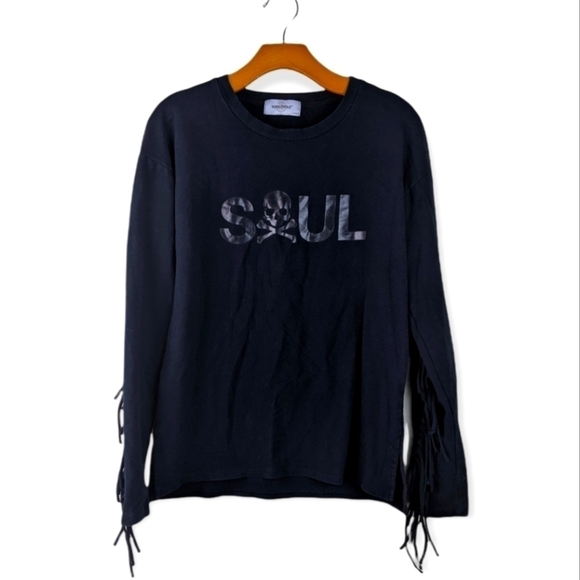 Soul Cycle Fringe Sleeve Sweatshirt Black Sz XS Skull Cross Bones Athletic Gym - Picture 1 of 6